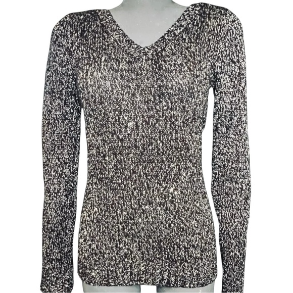 GUESS Black & White Silver Sequin Sweater Shirt Criss Cross Back Women's SZ XS - Picture 2 of 5